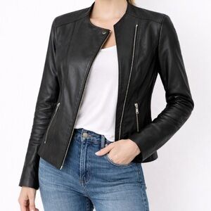 Mango Leather Jacket Bomber Flat Front Black Sleek Classic Like New grunge